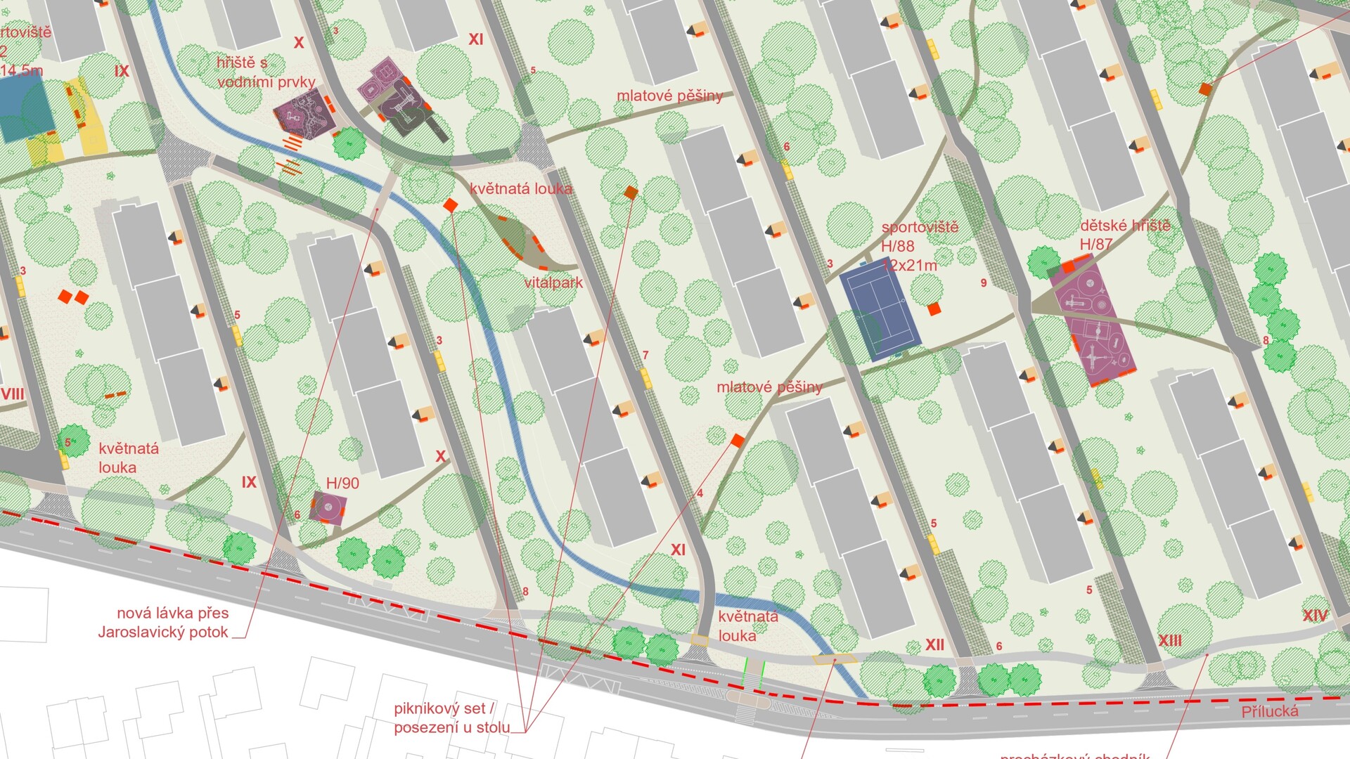 Situace nově řešených zelených ploch — včetně květnatých luk, mlatových pěšin či piknikových setů.